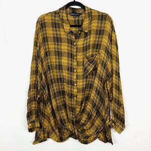 Capsule Mustard Yellow Plaid Twist Front Button Down Flannel Shirt 22 2X